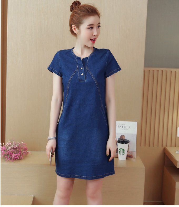 ĐẦM JEAN SUÔNG CỔ V ĐÍNH NÚT - NJ209